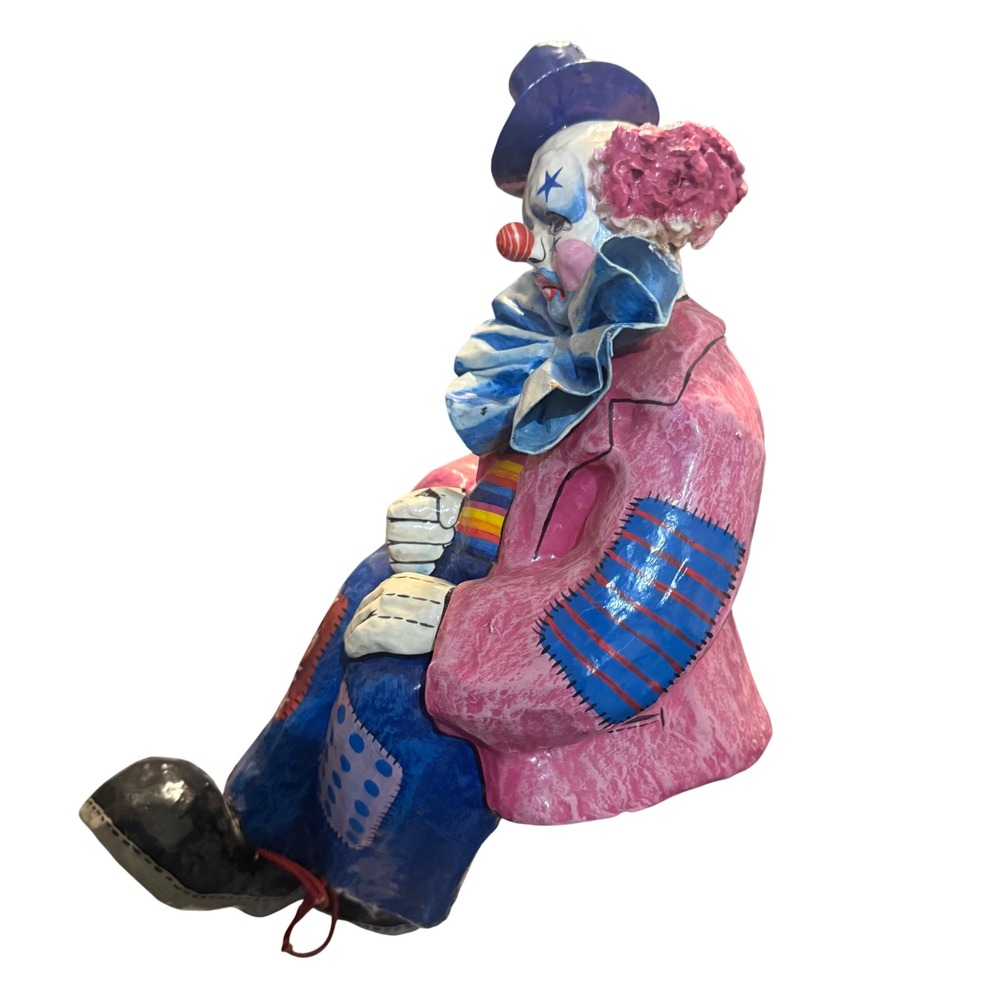 Handmade Folk Art Clown Figurine Pink Blue Patchwork Costume New No Tags